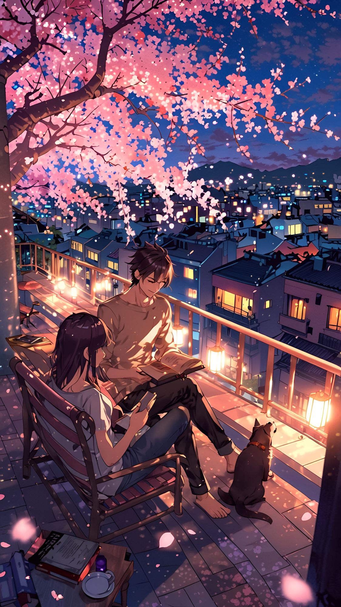 "An anime-style artwork set during a peaceful spring evening, featuring a row of modern apartment balconies overlooking a majestic cherry bl...