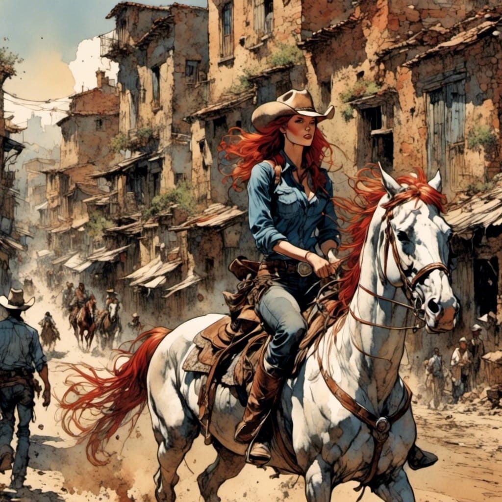 A beautiful red-haired cowgirl riding a horse down a dusty street Mark Brooks and Dan Mumford, comic book art, perfect, smooth <lora:Western...