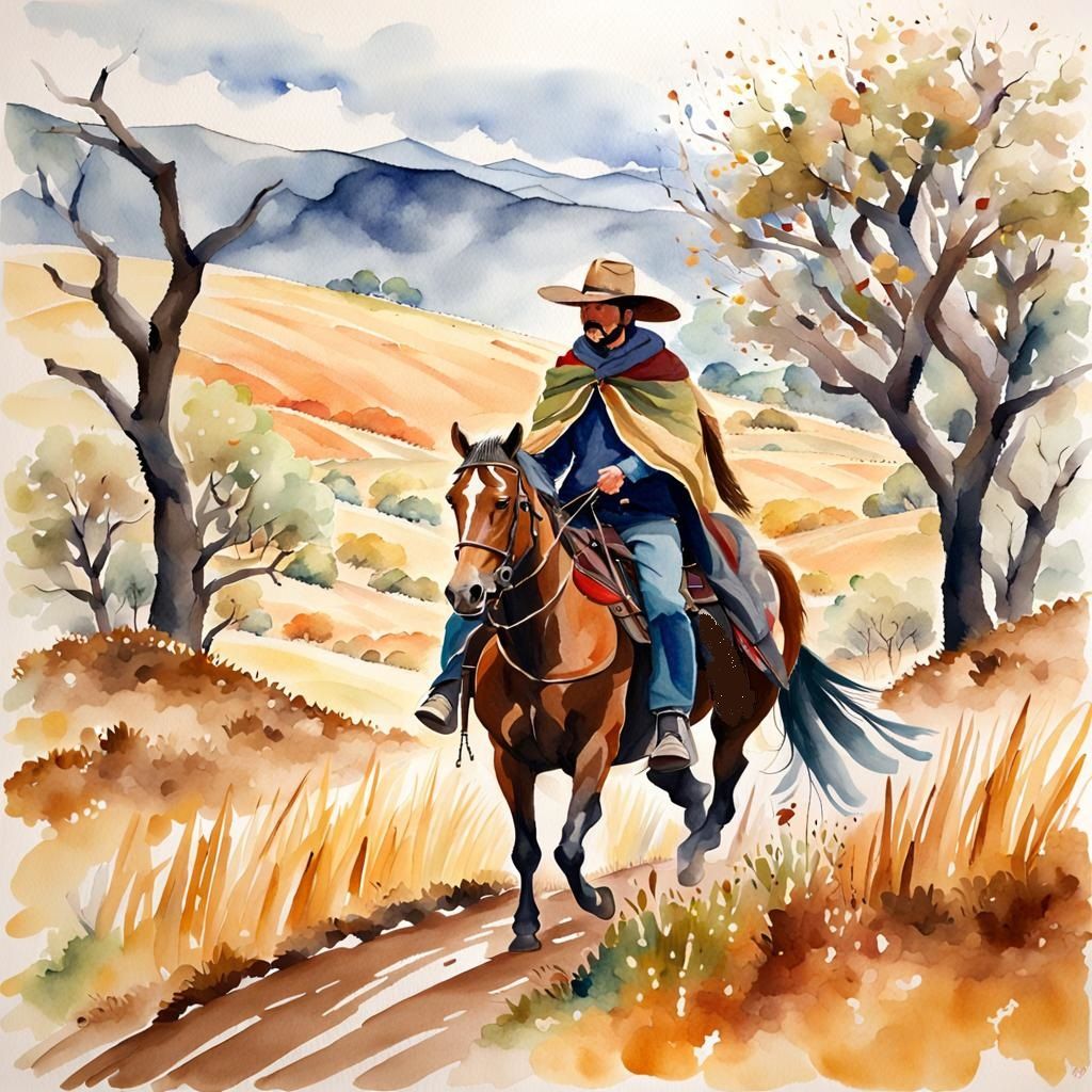 "The Vaquero" Impressionistic watercolor of a vaquero wearing a sombrero and a poncho riding a horse through yellow hills and walnut trees extra limbs 