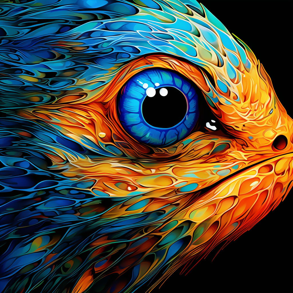 Close-up detailed wet 3D impasto brush strokes illustration of a hyperealistic blue and orange fish head with large shiny blue eyes, a black...
