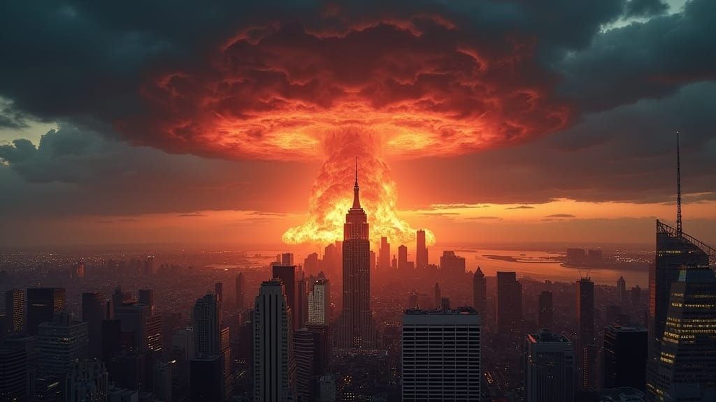Massive Nuclear Mushroom Cloud Ascending Over New York City