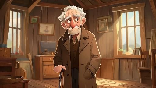 Magic Prompt: A weathered, elderly man in his seventies, clad in a high-quality, well-fitting coat of somber hues, stands wearily, his metal...