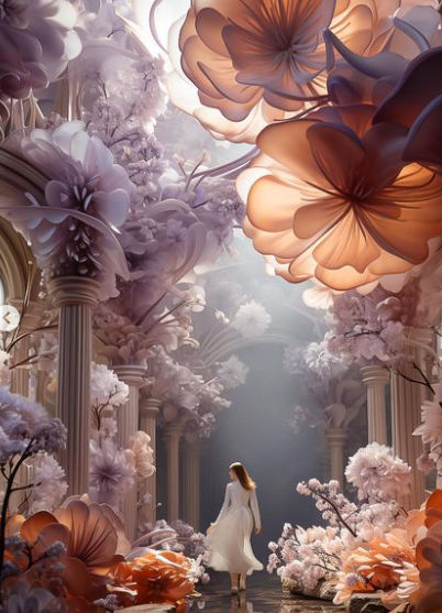 Femme robe bouffante orange et  blanche voluptueuse avec des fleurs gigantesque dans un palais avec des colonnes  grecques 