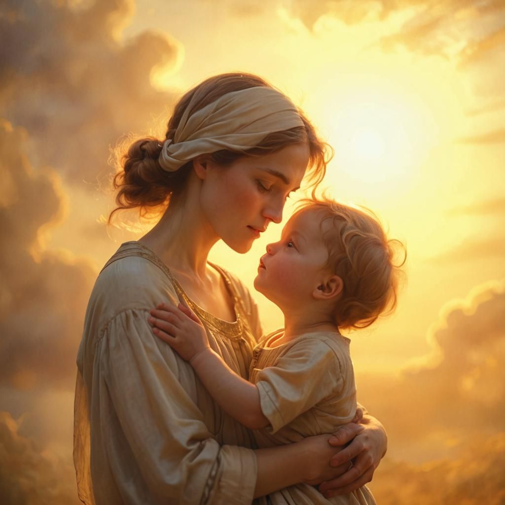 Mother kissing her son are smiling. By the ocean, illuminating the sun shining down. Watercolour.