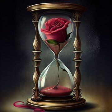 Symbolist still life. Medium shot close-up. An hourglass with a wilting, dying purple rose inside sits on a magnificently crafted, Mucha-ins...