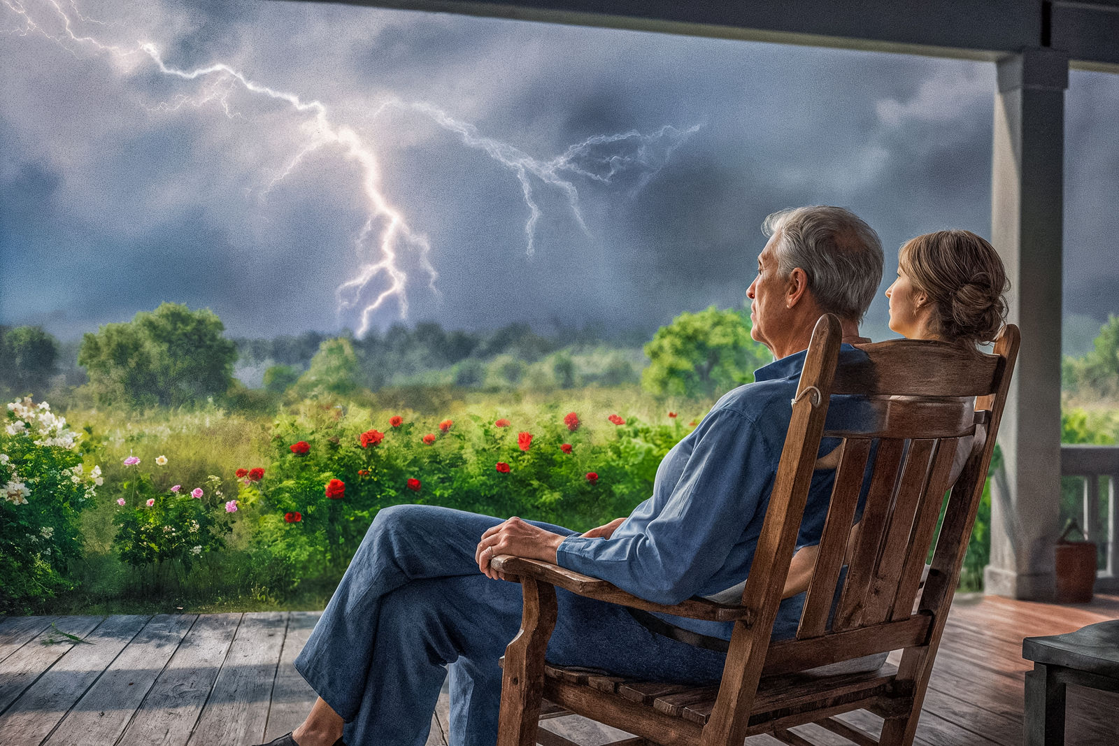 an old couple rocking in their rocking chairs. lightnings in the distance
