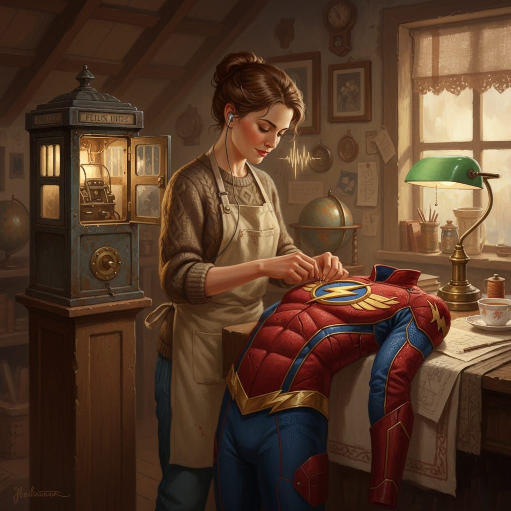 Putting the clothes she finished sewing on at superspeed.