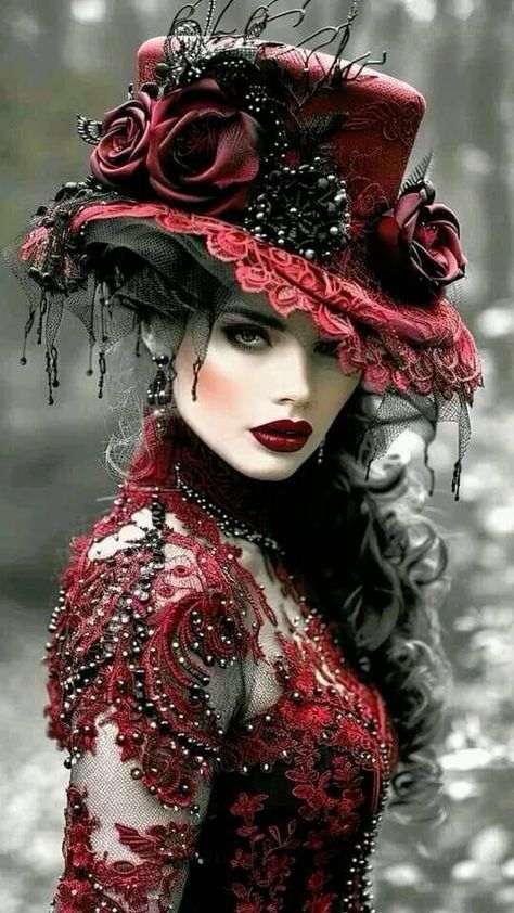 a stunningly beautiful brunette vampire woman with sharp teeth and long curly black hair and a hat, sharp teeth, dressed in a red gothic  dr...