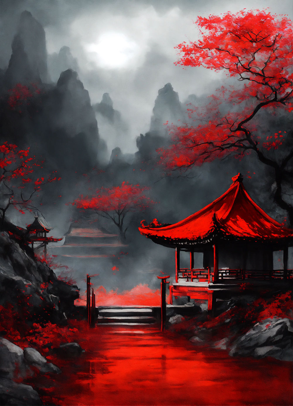 Dark,  red tinted forest, red moon,  mist, Japanese pagoda in a forest village, ultra high definition, 