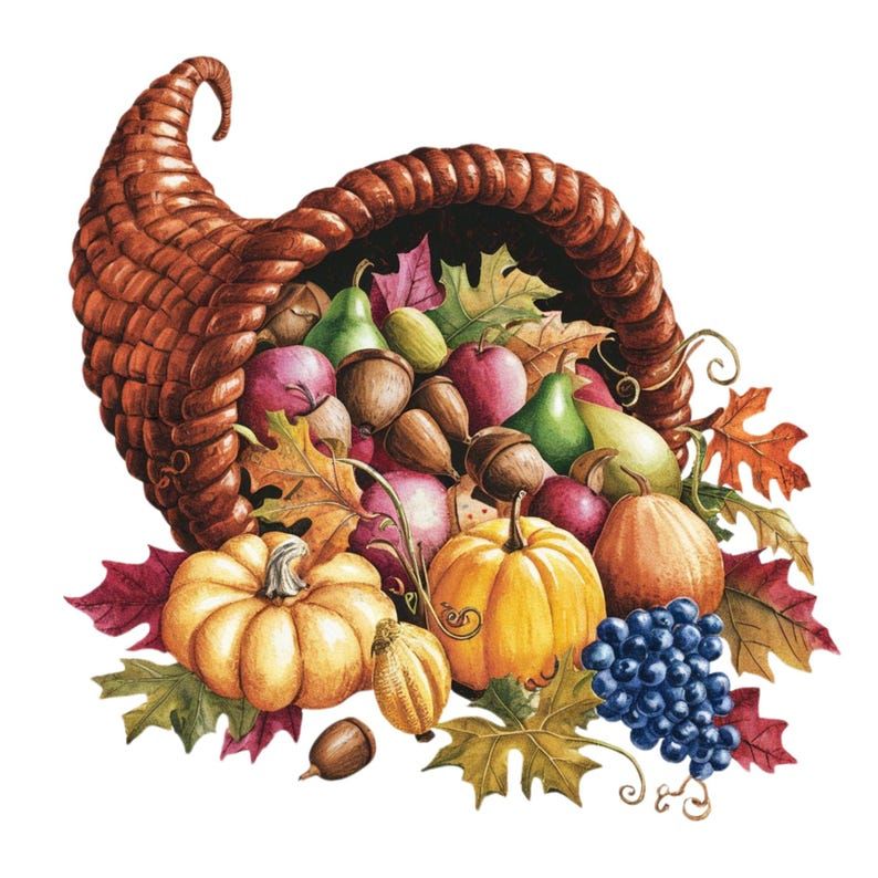 A large cornucopia spilling out food made from woven branches sitting on a tree stump in the middle of the tree rings. Pumpkins, corn, apple...