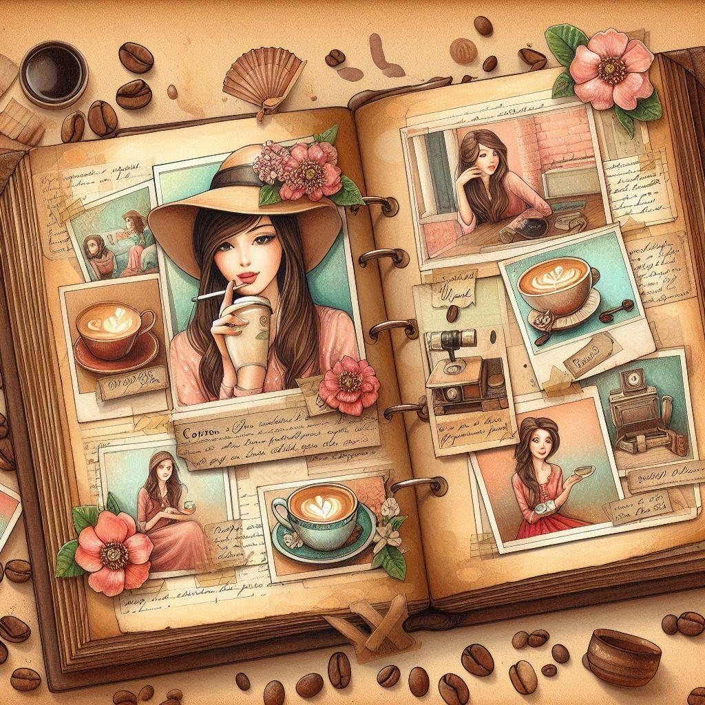 une page de scrapooking, dans un journal ouvert, un parapluie coloré, un arbre d'automne, des fleurs et des feuilles d'automne dans un style...