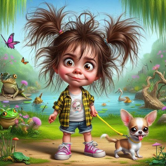 3D little girl with a flowered dress and a creamy color coat, she has a green cap, green eyes and orange cheekbones, her skin is clear and f...