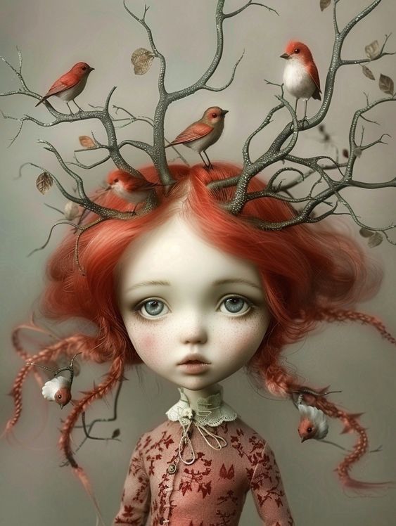 little girl,autumn and red color with branches in her hair, flowers and ladybugs, Pixar, Disney, concept art, 3d digital art, Maya 3D, ZBru...