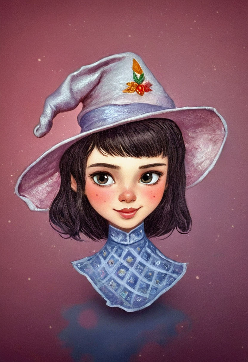 a 10-year-old girl in a random dynamic pose, looks sideways with her eyes, squinted sideways, snub nose, slightly crooked smile, dark hair,...