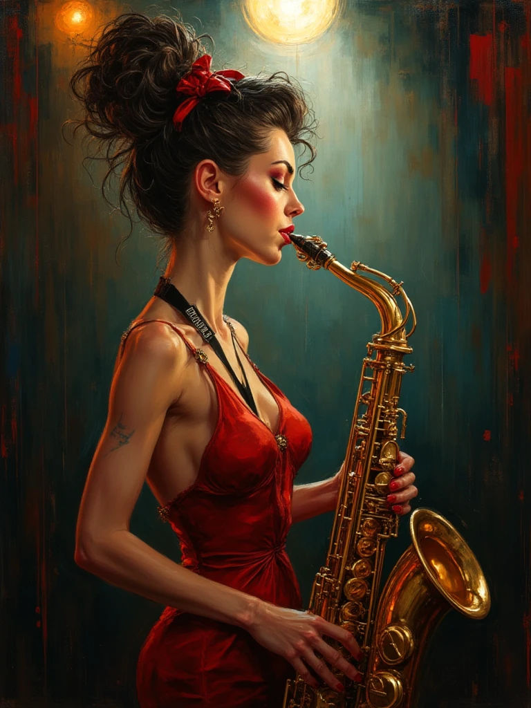 Tim Burton's cartoon Style, slightly turned head, A detailed oil painting of a female saxophone inspired by the 1950s, featuring whimsical a...