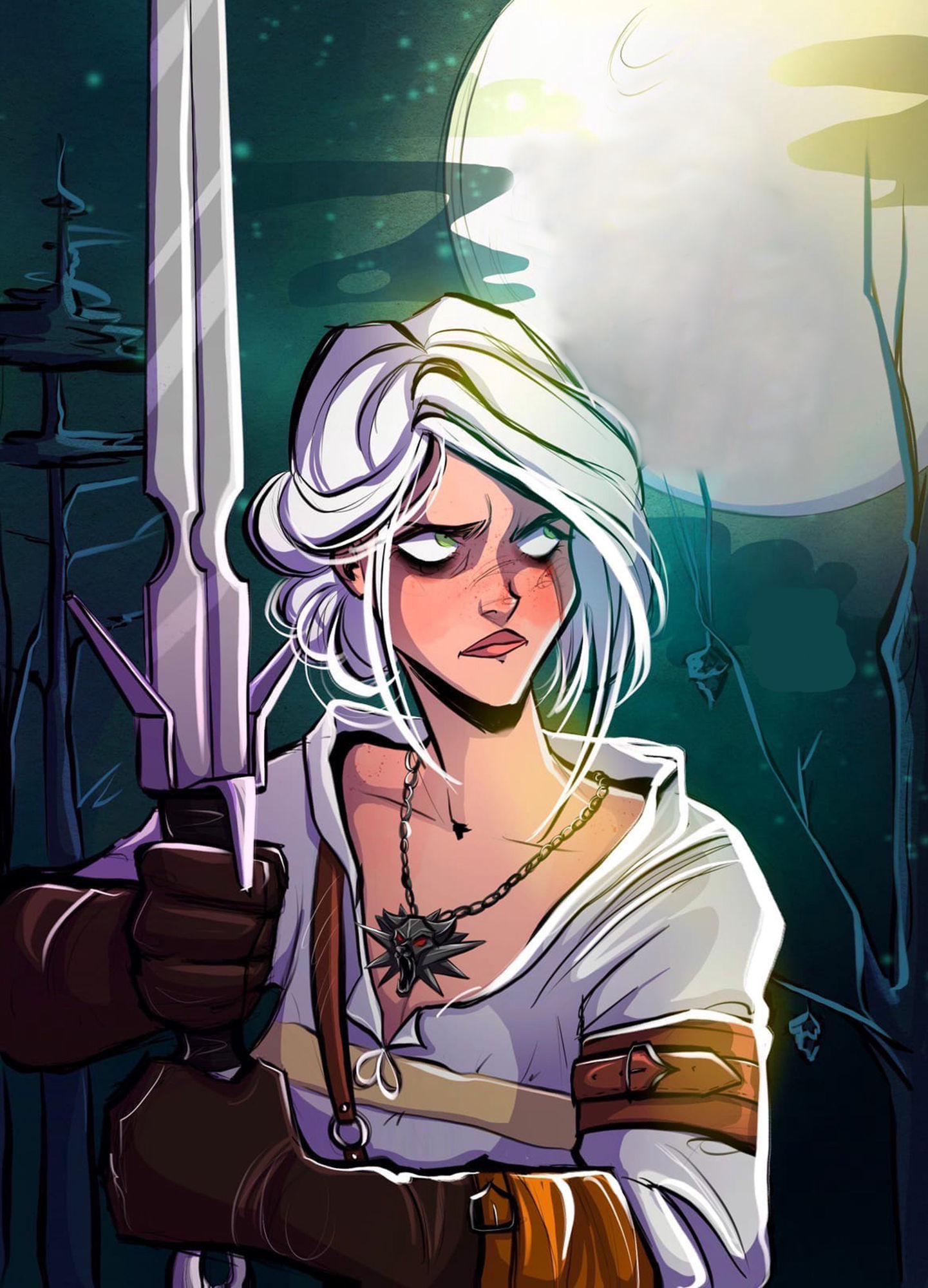 female character concept, Cirilla from a computer game "Witcher 3 Wild Hunt", He stands proudly in a random dynamic heroic pose, aggressive...