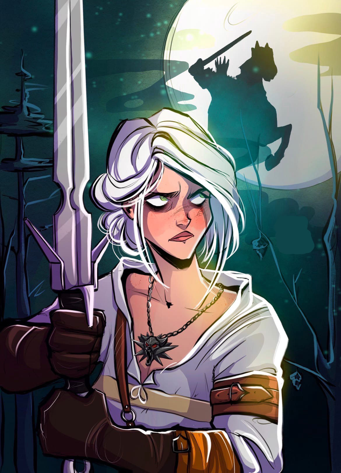 female character concept, Cirilla from a computer game "Witcher 3 Wild Hunt", He stands proudly in a random dynamic heroic pose, aggressive...