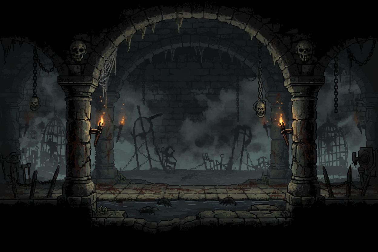 2D top-down world map, pixel art. Three locations: medieval city, dense forest next to it, mountain dungeon nearby. Paths connecting them, r...