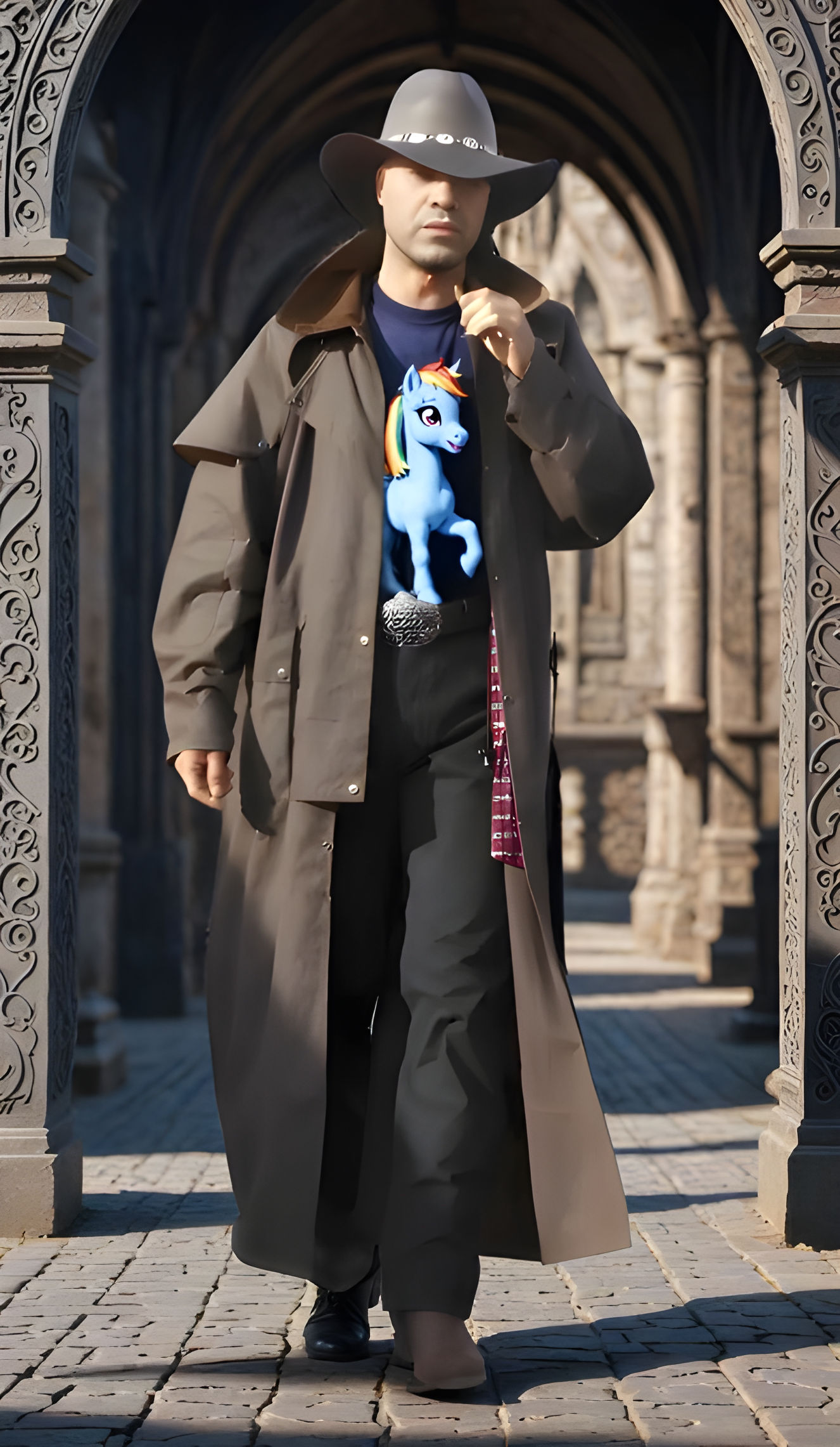 Man in long coat wearing a hat and vaping walking confidently while camera pans left