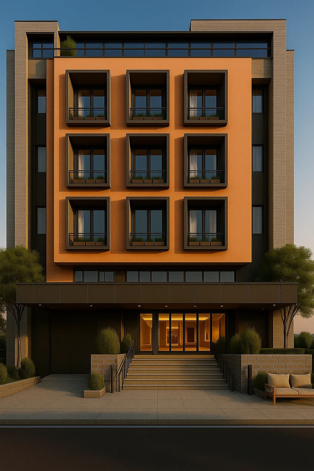 
Render with realist hotel design some features on the top terrace floor. detailed matte painting, deep color, fantastical, intricate detail...