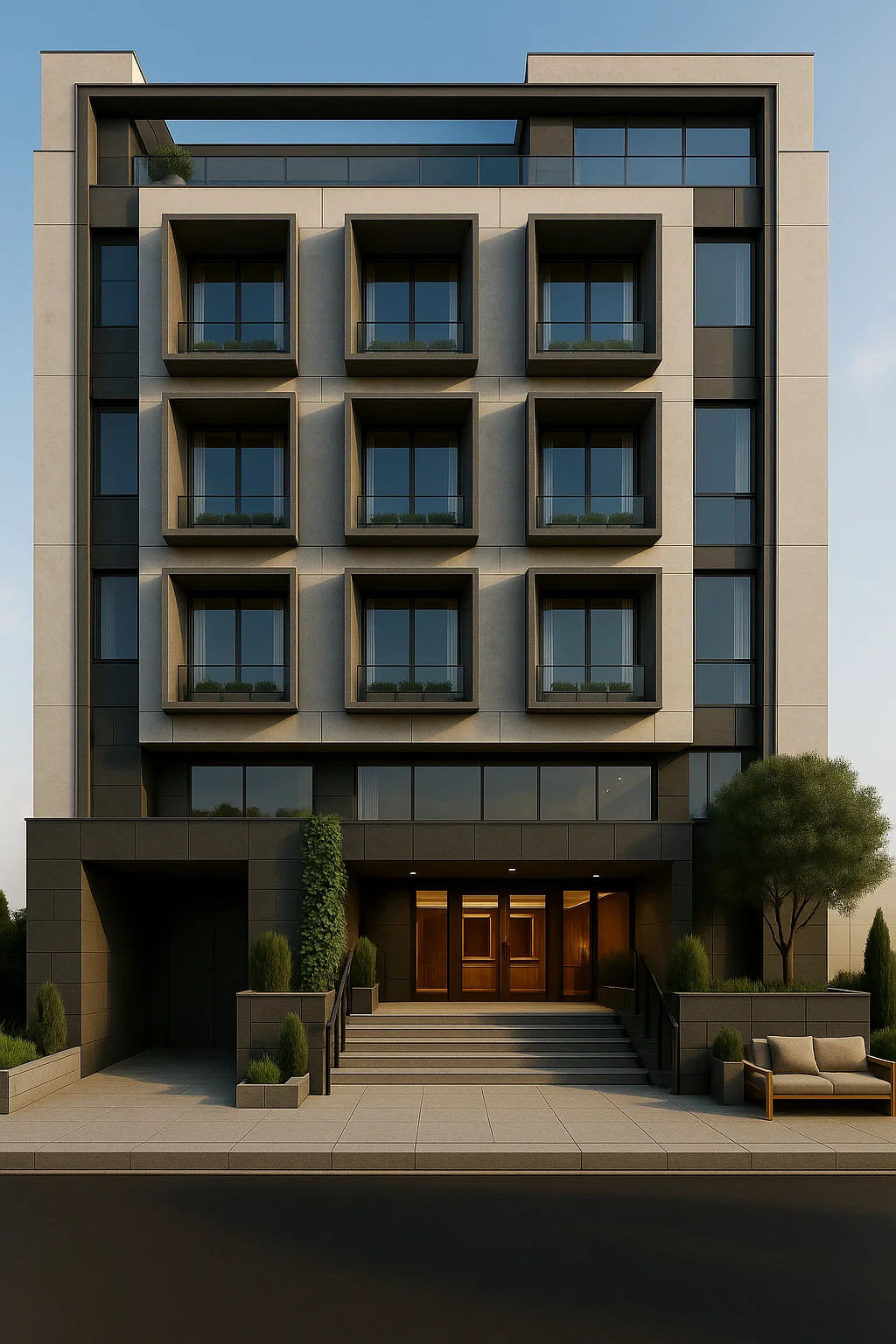 Dynamic angular facade with symmetrical geometric volumes, darker metal cladding with extruded UHPC concrete windows  shrouds , and integrat...