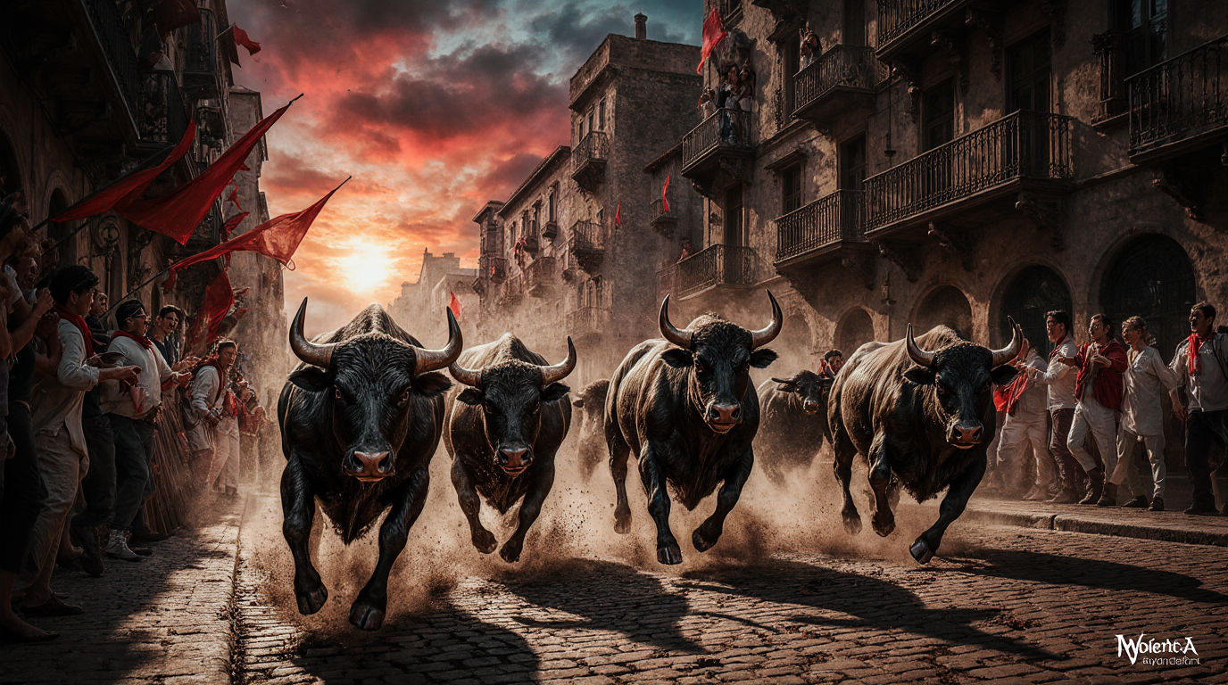 A dramatic and photorealistic action scene capturing the Running of the Bulls through the narrow cobblestone streets of a historic Spanish c...