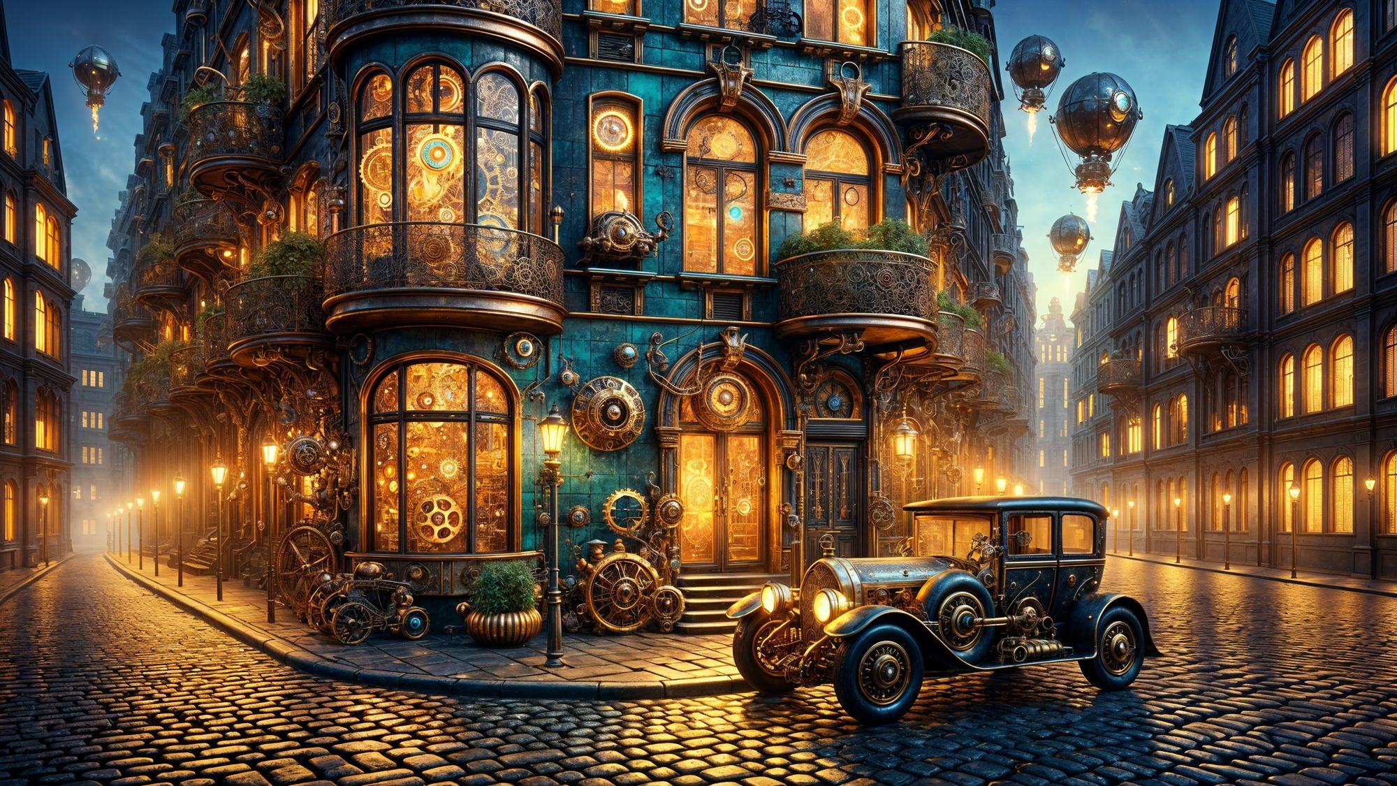 A surreal steampunk evening cityscape: a retro-futuristic brass and copper car with exposed gears and glowing gauges is parked beside a drea...