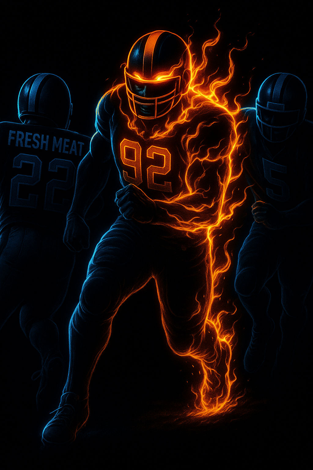 Action American Football player charging forward with intense red eyes