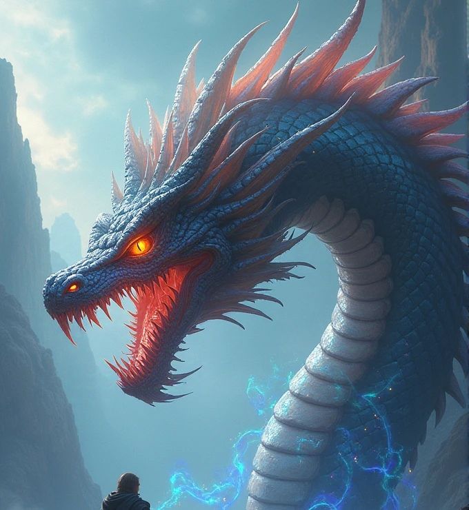 Create a scene where a terrifying monster is fighting a huge dragon. The monster has a black exoskeleton with sharp orange lines running thr...