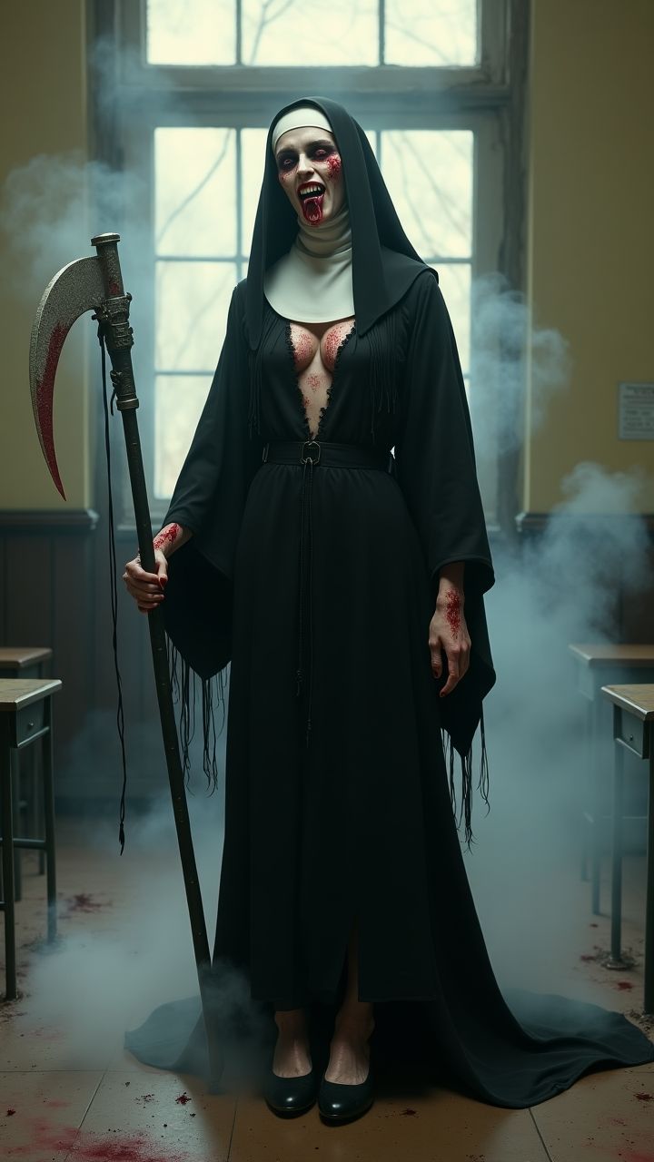 A photo-realistic shoot from a front camera angle about a sinister nun standing in a dimly lit classroom, holding a scythe, with blood splat...