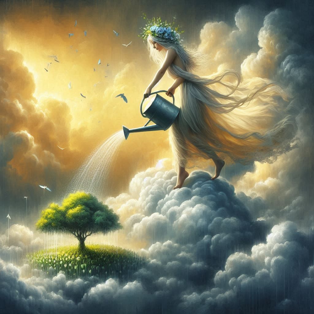 Fantasy Art. Close-up Portrait. Woman in flowing dress and flowers in her hair standing in a cloud, water coming from her hand watering the...