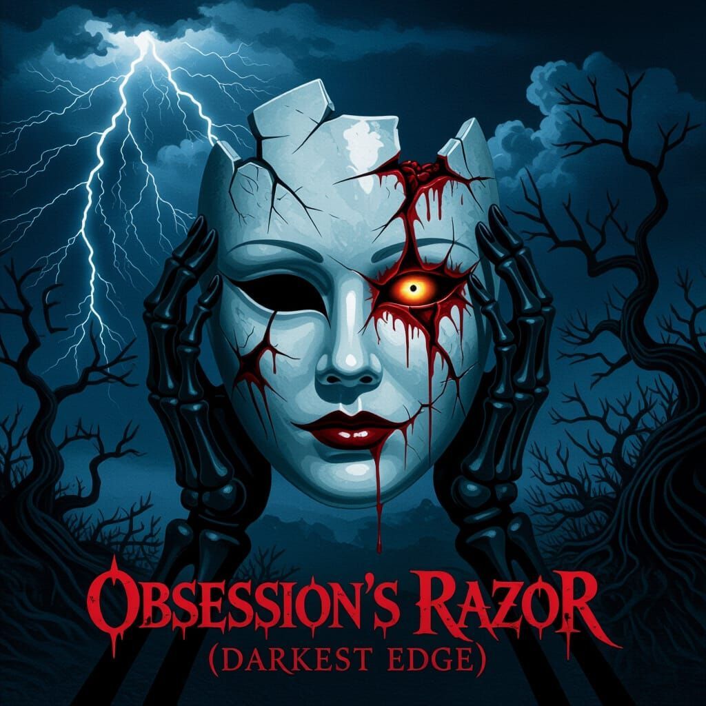 <lora:-Omnious-:1.0> Dark, gothic horror-metal album cover art featuring a cracked porcelain mask with sharp edges and blood dripping from t...