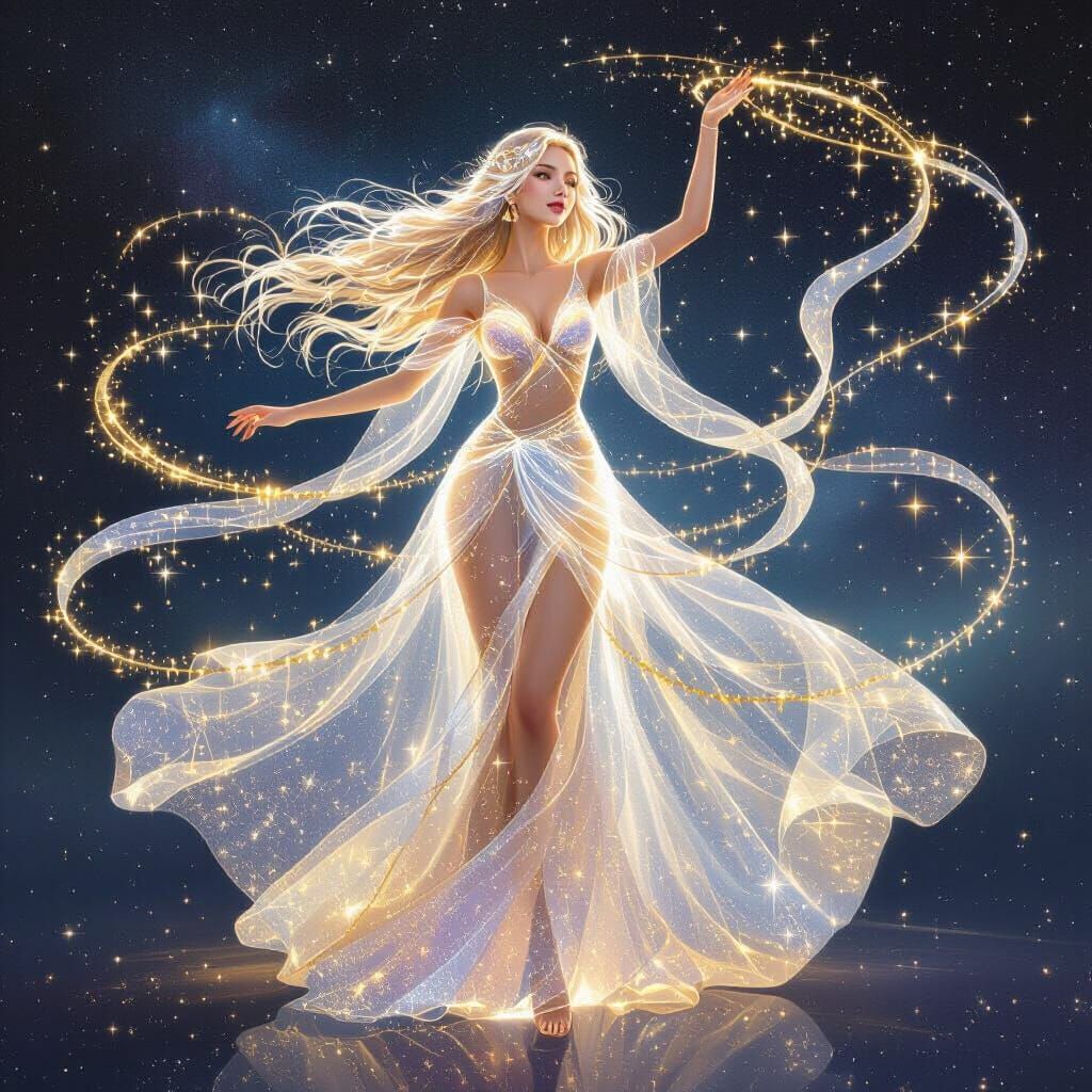 Woman with wide hips and a high chest dance on a cloud, celestial being, standing in a glowing circle of light, cosmic background, flowing m...