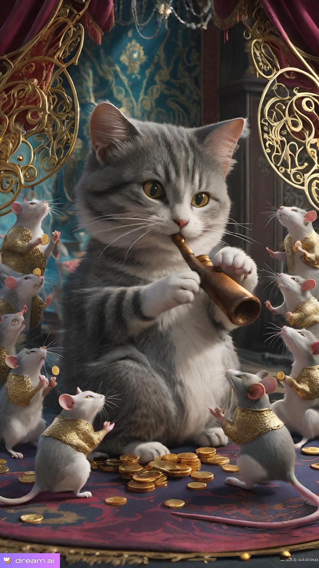 the cat is playing a pipe, rats with gold coins are coming to him, hyperdetalization, filigree, beautiful