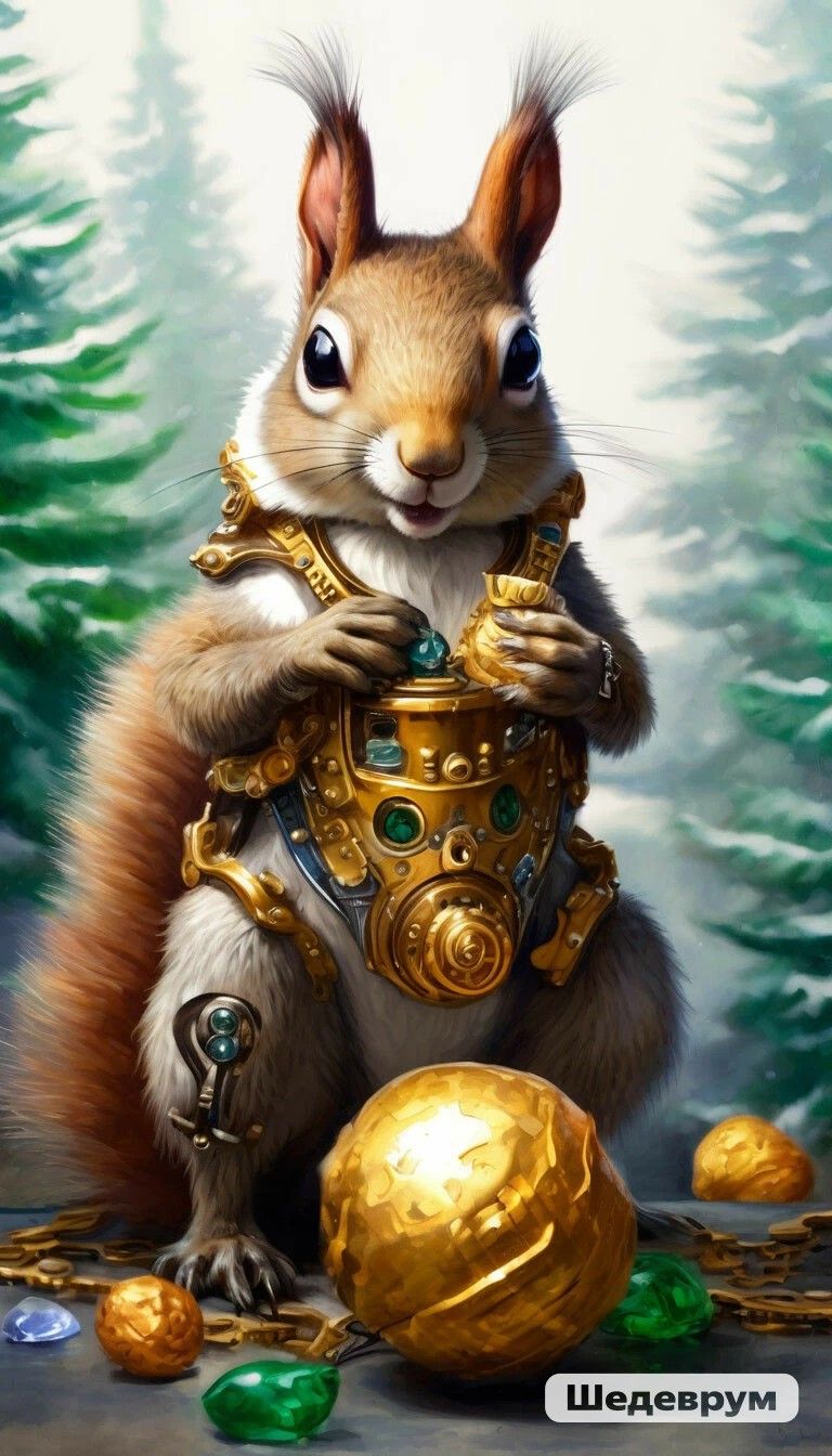 A robotic steampunk squirrel, There's a squirrel singing a song under a tall Christmas tree, A Golden nut nibbles, An emerald takes it out A...