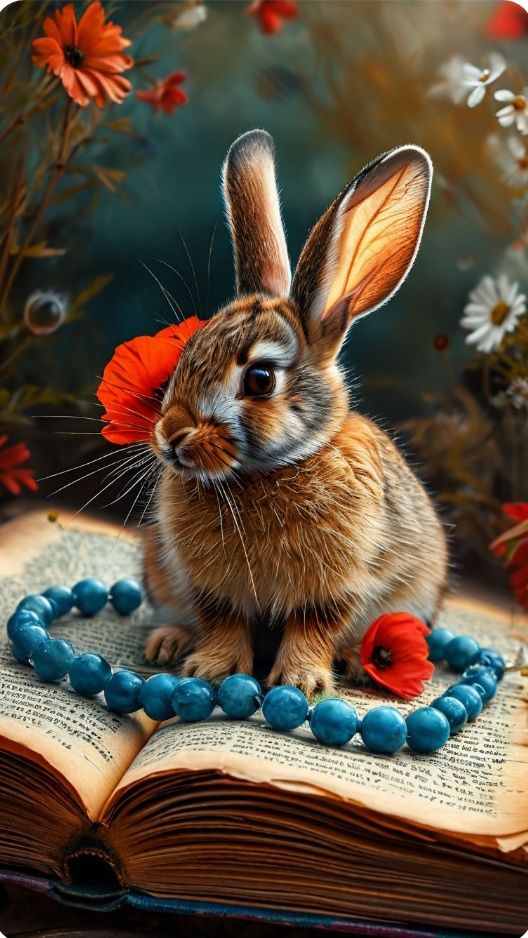 on an open book, blue bead necklace,
wild red poppy flower, tiny bunny,
double exposure, collage, gentle, watercolor with drawing, high deta...