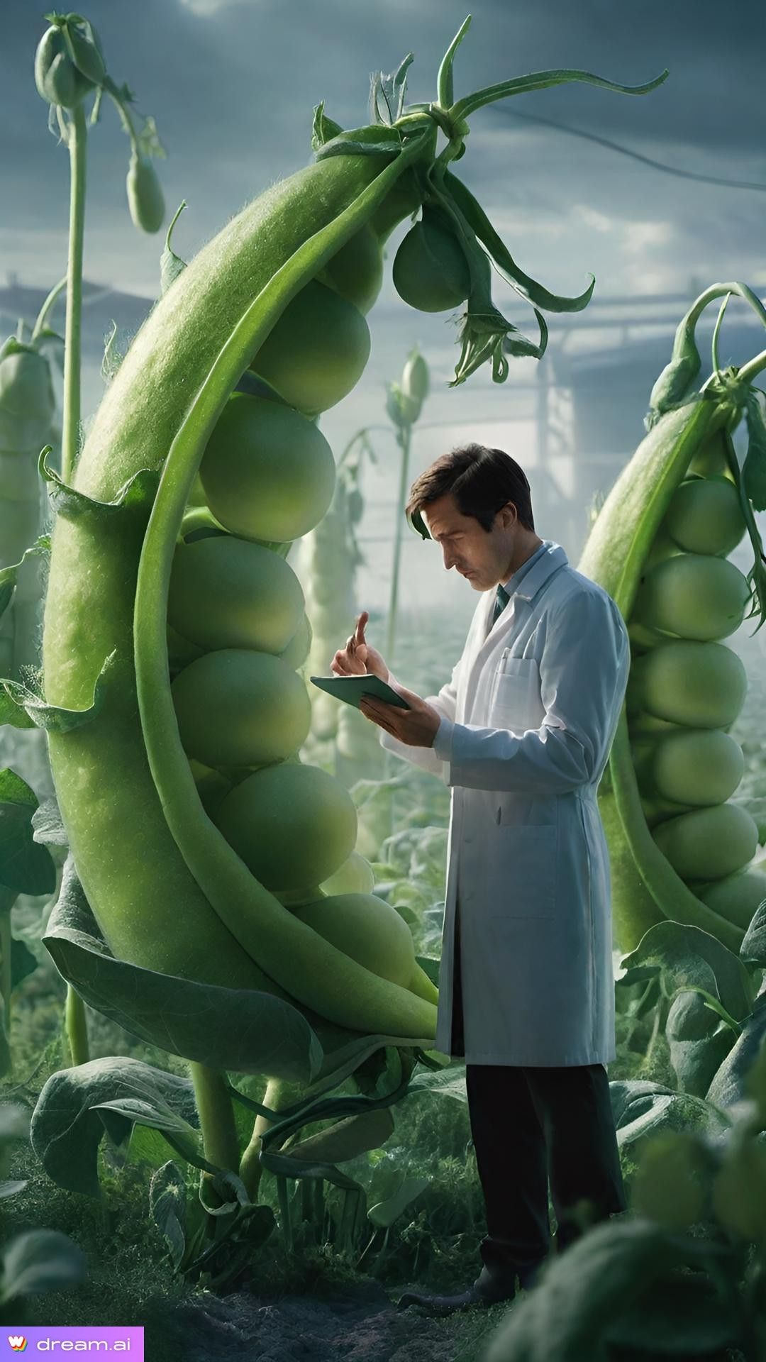 an experimental field with giant pea pods, an employee in a white coat walks between the beds checking the pods, high detail, surrealism, cl...
