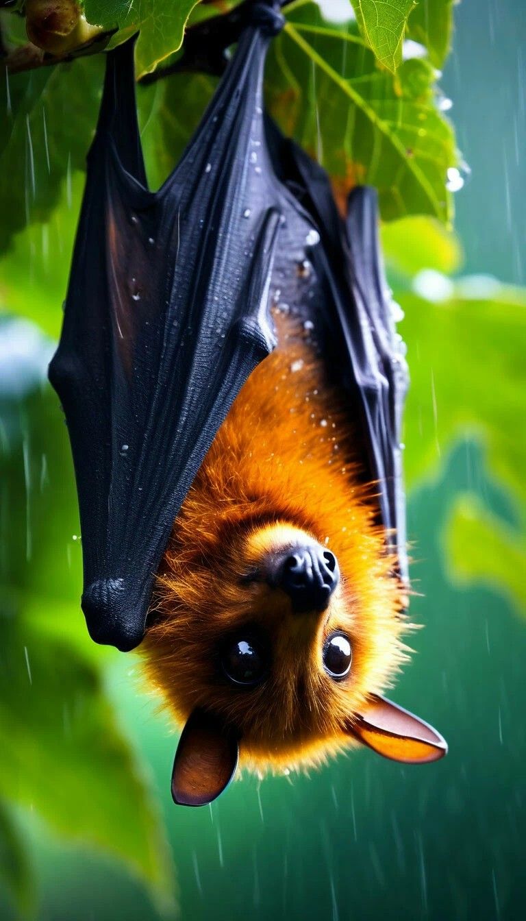 A cute flying bat is hanging on a tree