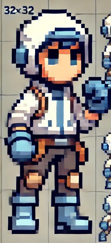 Create a 32x32 pixel character tileset with animations for walking, jumping, and dying. The character should have 4 frames for walking, 2 fr...