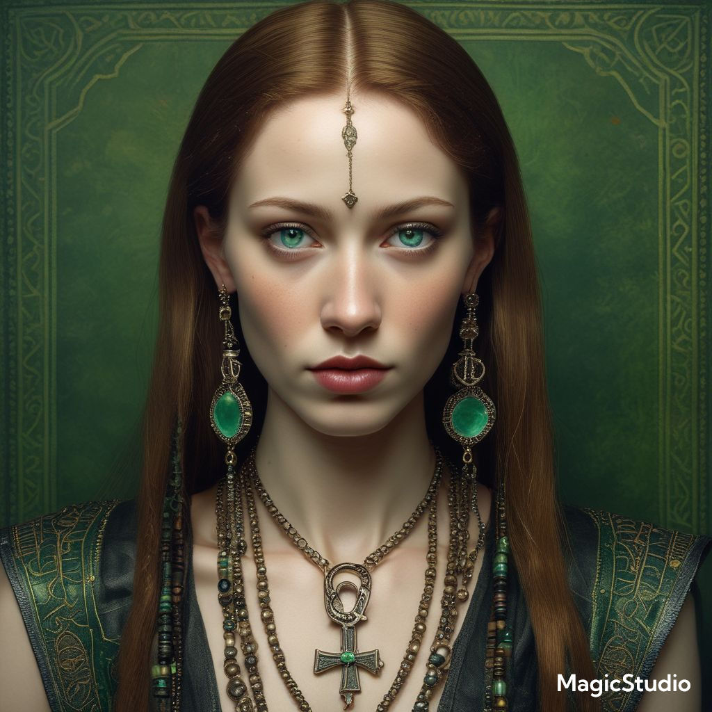 A serious looking beautiful woman of nature, in a loose richly embroidered gown head and shoulders portrait, 8k resolution concept art portr...