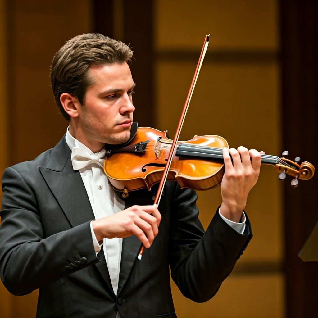 a classical violinist playing a beautiful crafted violin in a concert