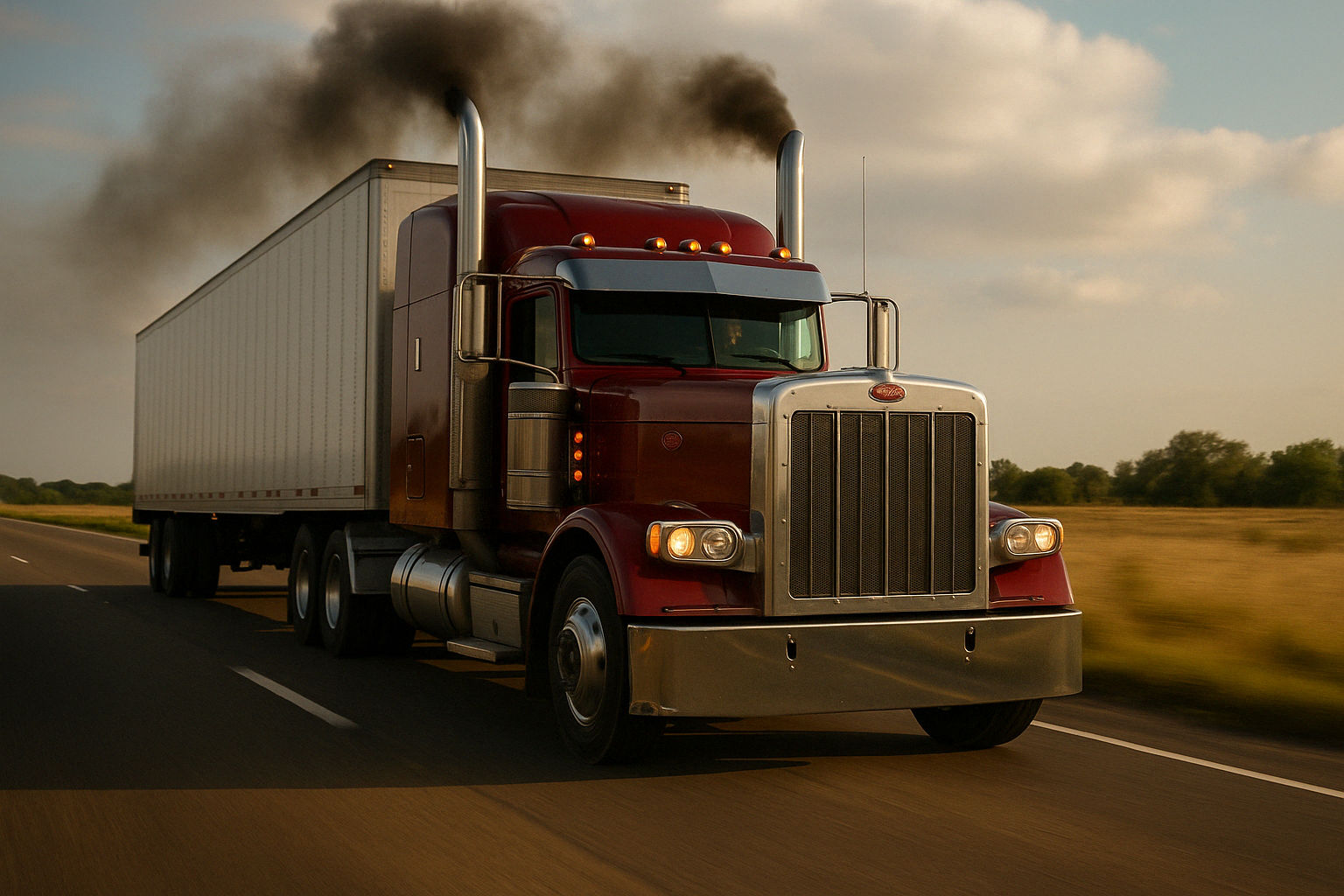 the red Peterbilt driving down the highway with black smoke rolling out of each stacks