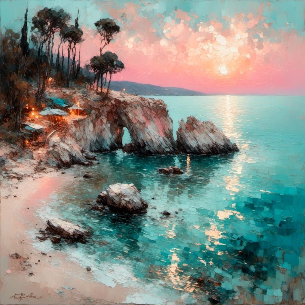 "A serene coastal scene at sunset, with the warm glow of a pastel pink and orange sky reflecting on the calm, turquoise waters. A rocky cl...