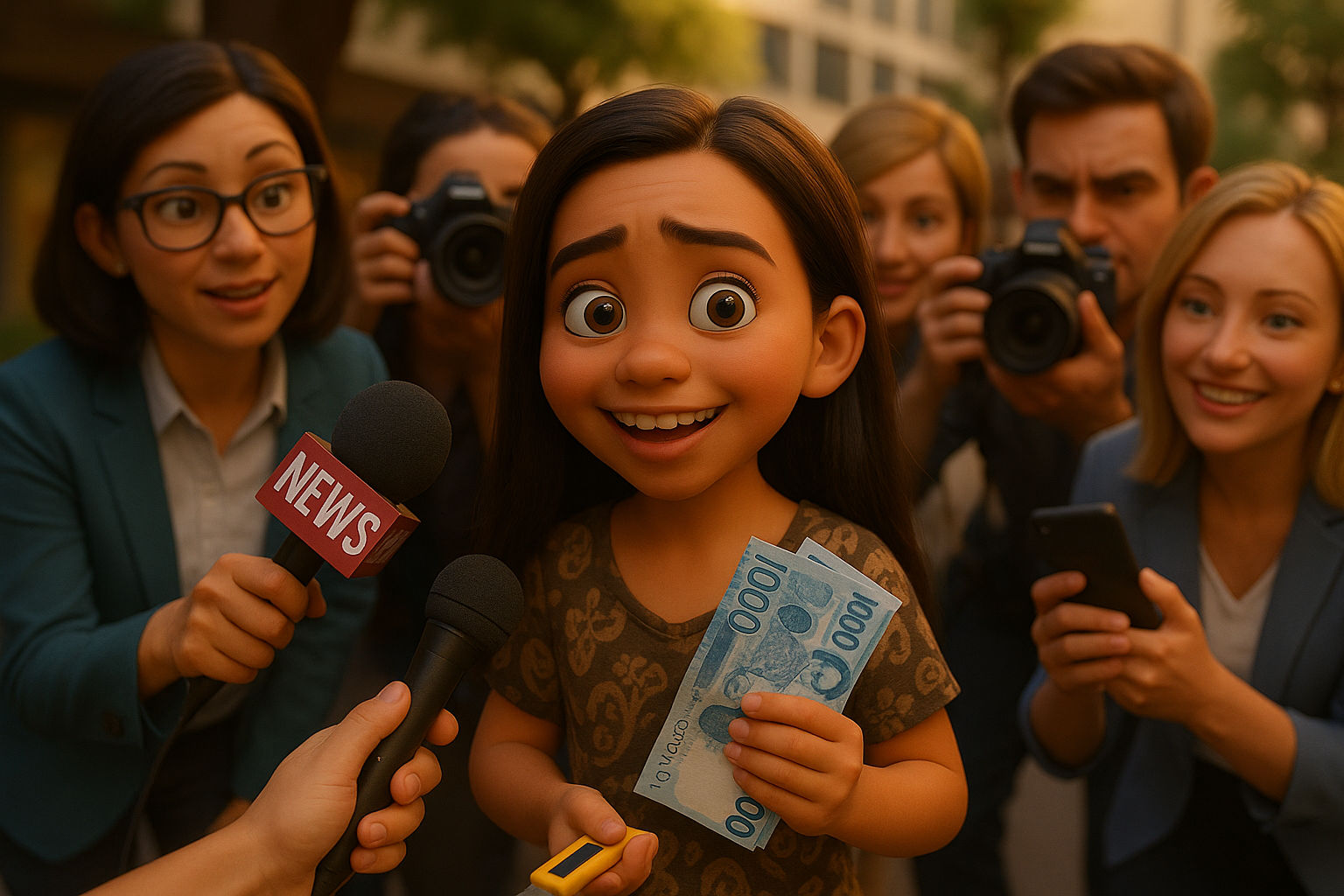 The young girl smiles brightly as she stands surrounded by enthusiastic reporters. She lifts the yellow utility cutter s...