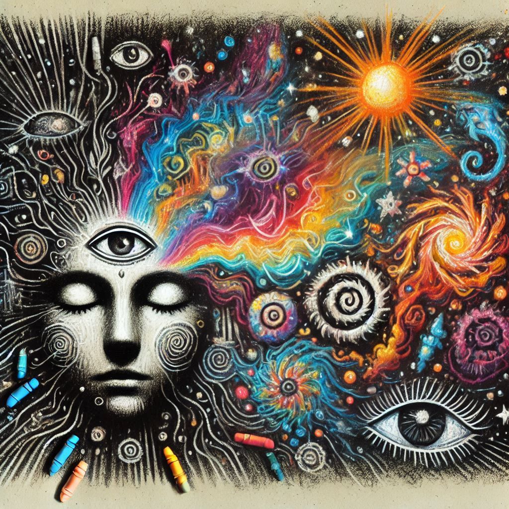 Doodle drawn world, naive child-like drawing , Crayon drawn style, cosmic  future city with doodled textured building, Dark emotions, fallin...