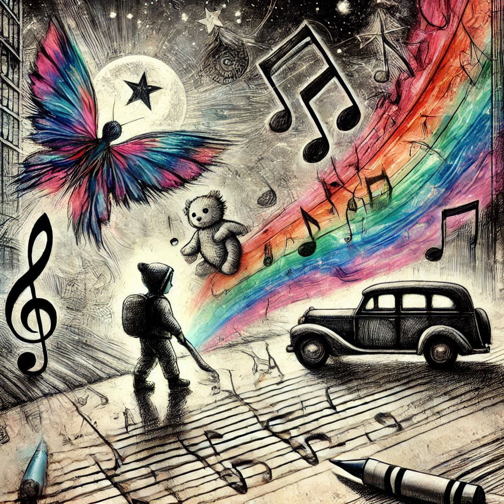 Doodle drawn world, naive child-like drawing , Crayon drawn style, cosmic  future city with doodled textured building, Dark emotions, fallin...