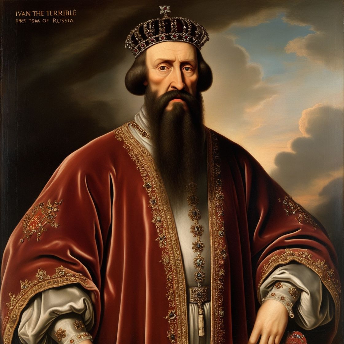 Portrait of Ivan the Terrible, the first Tsar of Russia, standing with an imposing and regal posture. He has a severe, elongated face, with...