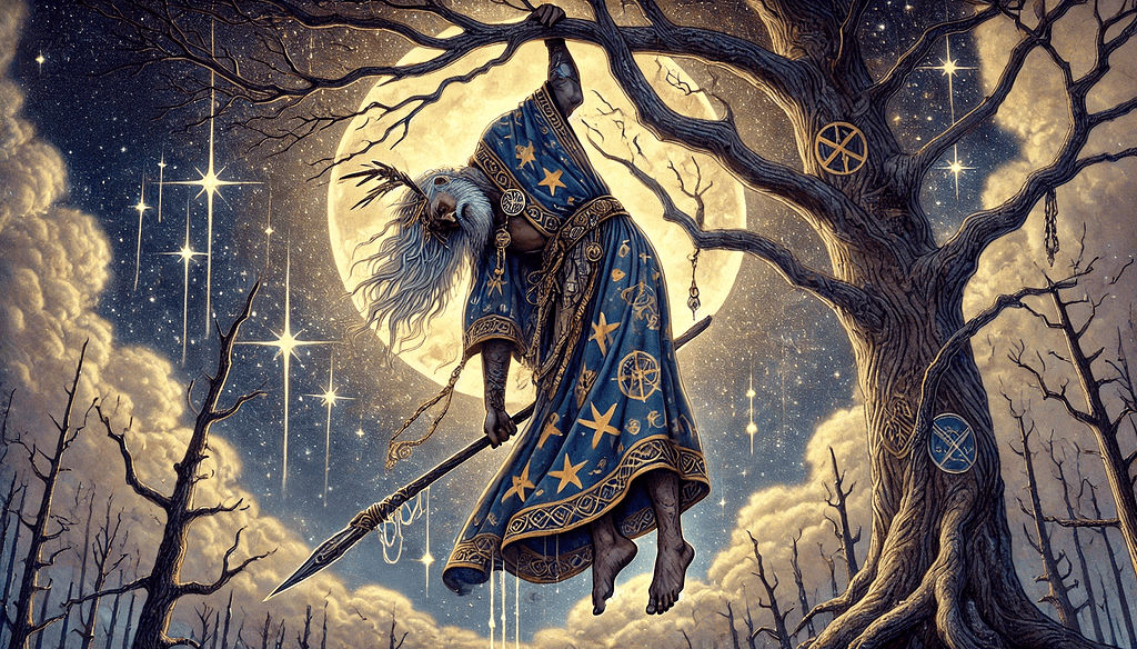 Prompt:

"Create a dramatic and mystical night scene featuring Odin as the central focus. The scene is set under Yggdrasil, the World Tree,...