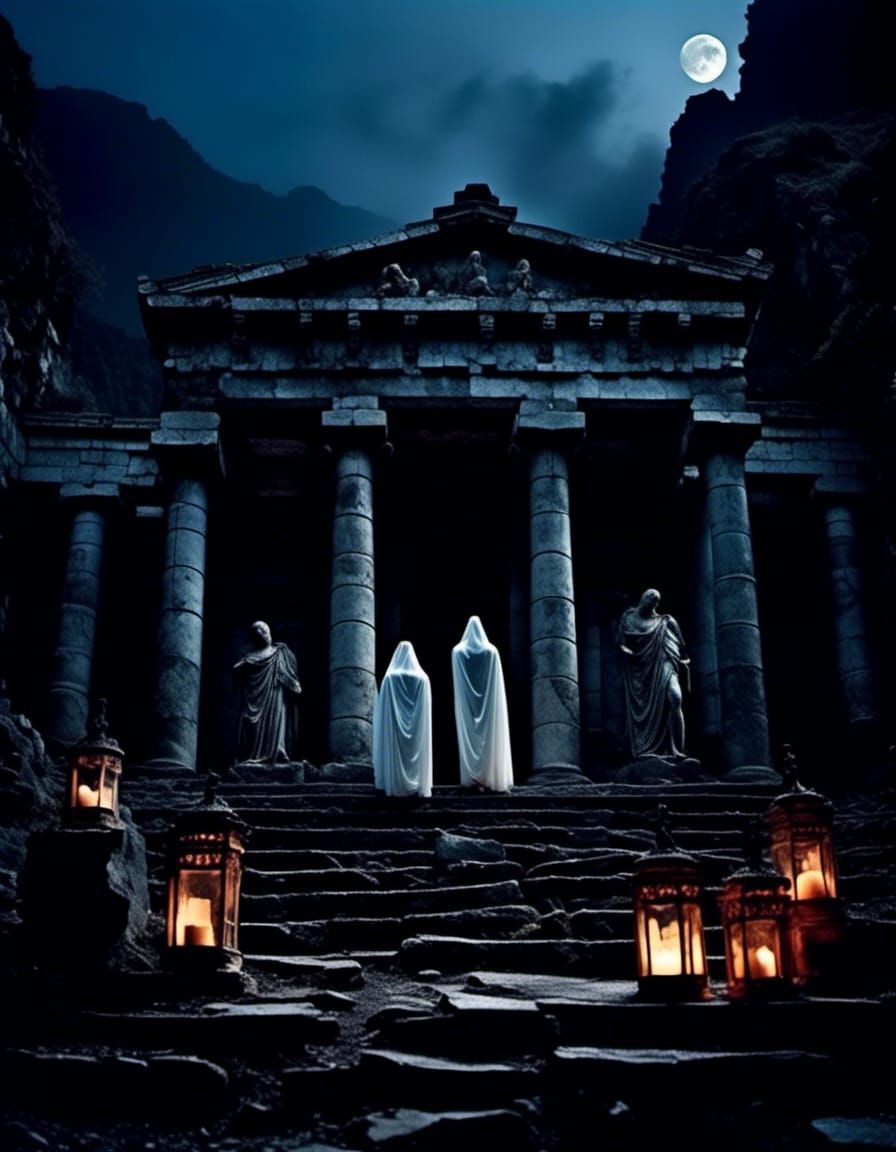 "Visualize an ancient Greek temple set at the base of a rugged mountain, illuminated by moonlight and a few dim, handcrafted lamps. The scen...