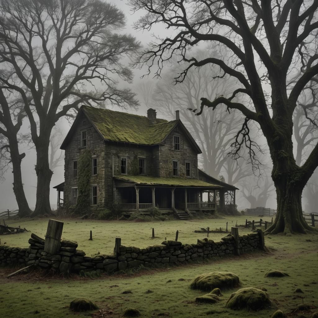 <lora:Halloween:1.0> <lora:Disarray:1.0> On a dark, misty night, the scene is centered around the old, abandoned Whateley family farm. The f...